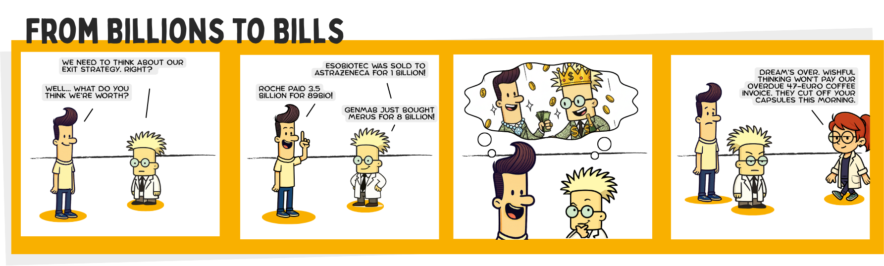 Scienz, Lives, and Dr. Celline facing a lab invoice that deflates billion-euro dreams